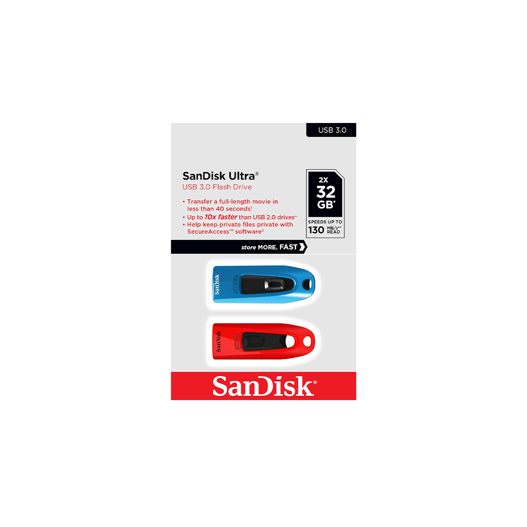 سانديسك الترا USB 3.0 فلاش درايف، CZ48 32 جيجا، USB3.0، حزمة مزدوجة، أزرق، أحمر، SLE أنيق، أزرق/أحمر سانديسك الترا USB 3.0 فلاش درايف، CZ48 32 جيجا، USB3.0، حزمة مزدوجة، أزرق، أحمر، SLE أنيق، أزرق/أحمر
